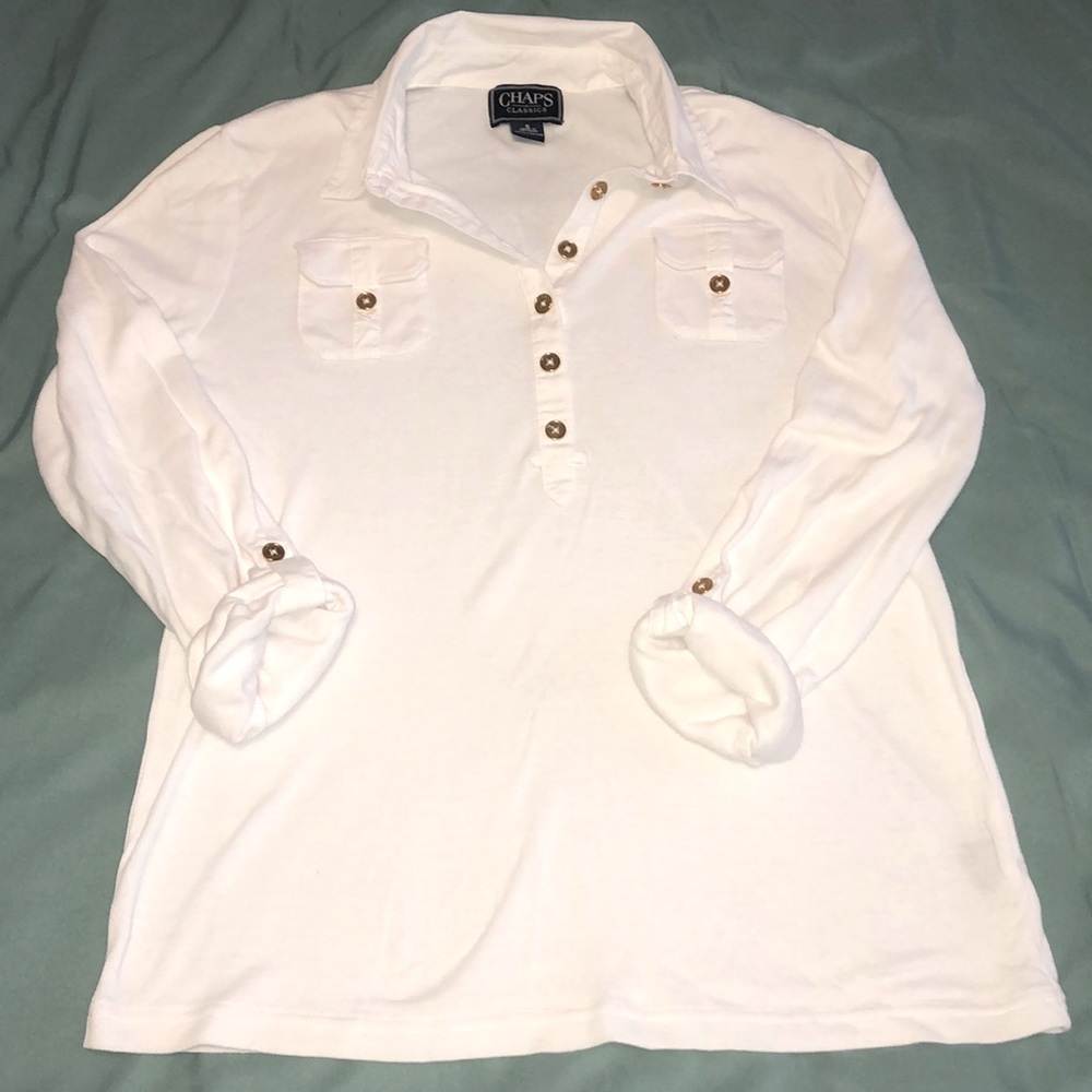 Chaps White Cotton Knit 3/4 sleeve Polo Shirt